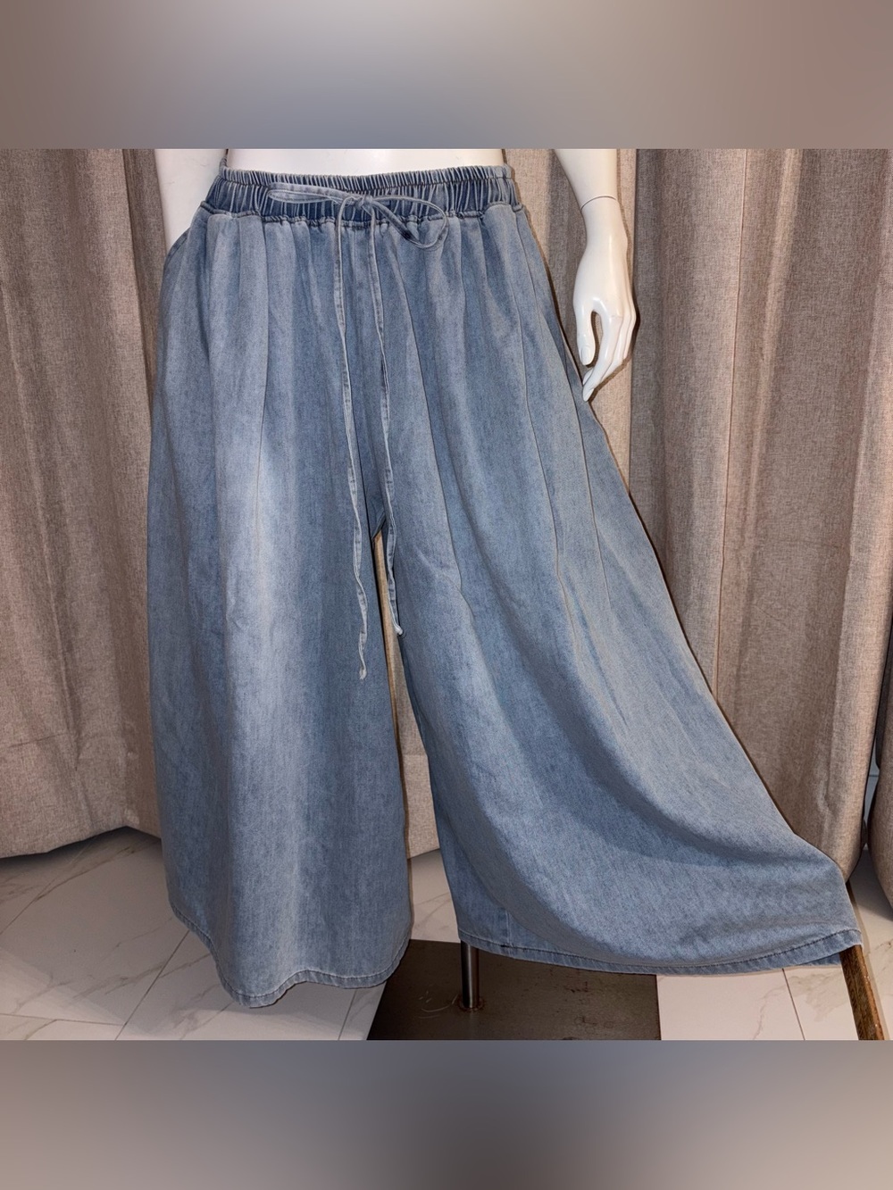 Retro Loose Denim Pants Trouser Wide Leg High Waist Faded Jean Culotte Pant SZ L